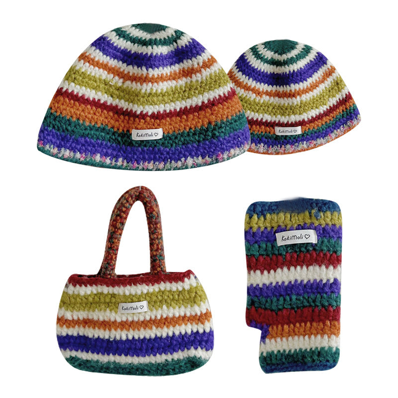Knitted Rainbow Hat Gloves Small Bag (2 pieces up)