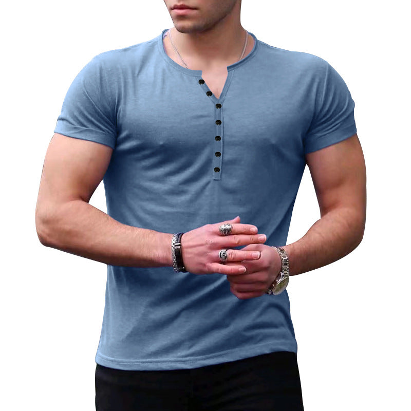 Solid Color Short Sleeved Henley Shirt