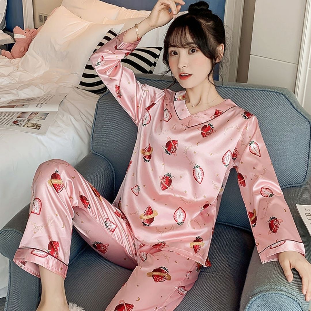 Ice Silk V-Neck Printed Pajama Set