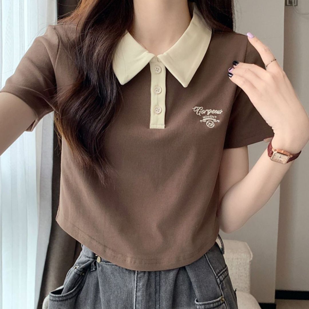 Color Block Polo Collar Short Sleeved T-Shirt