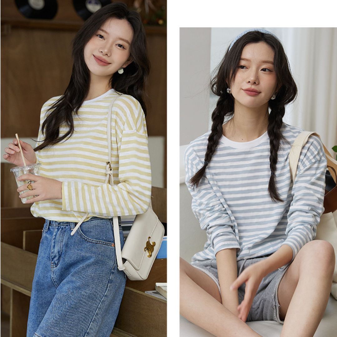 Cotton Round Neck Striped Long Sleeve Top