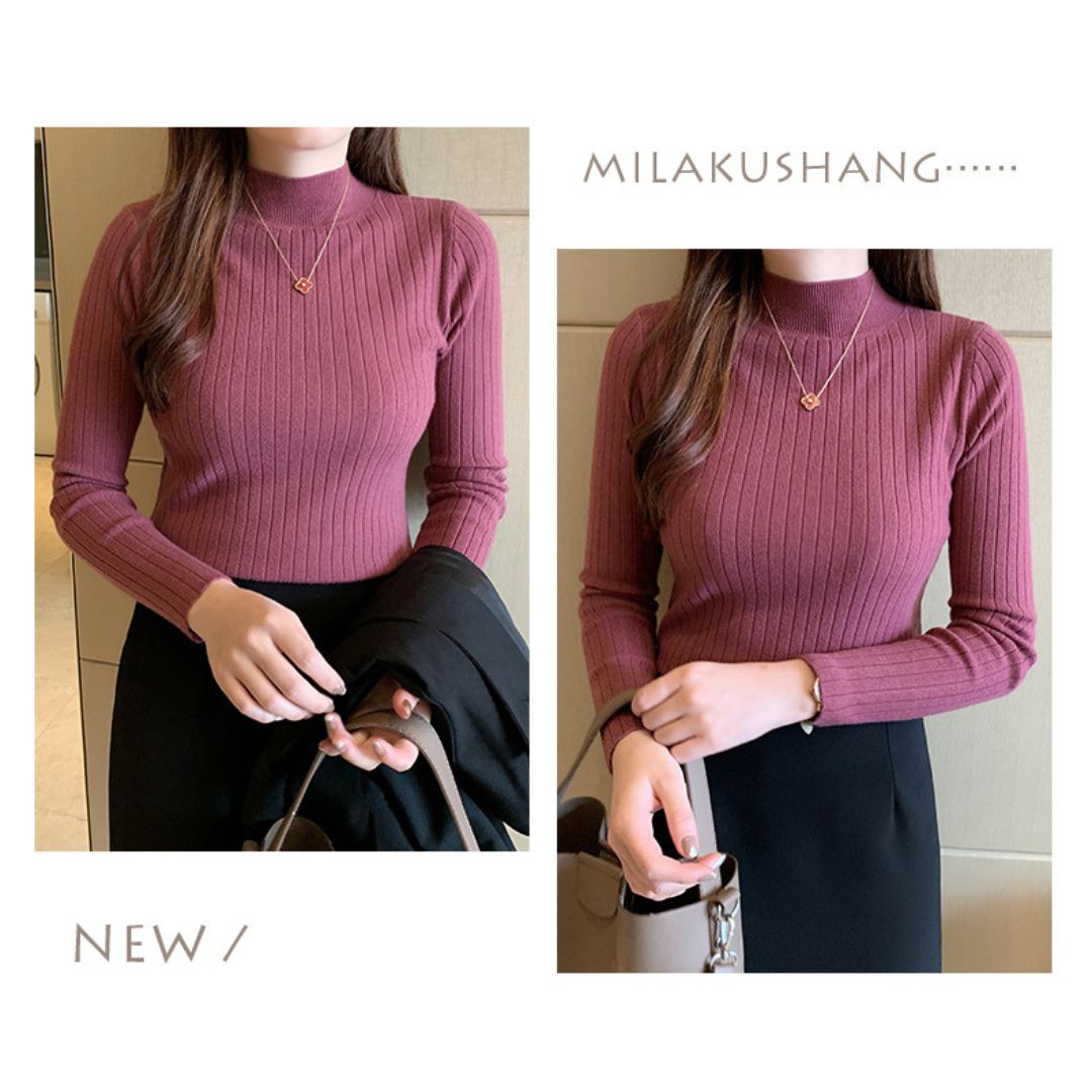 Knitted Half Turtleneck Solid Color Long Sleeve Top