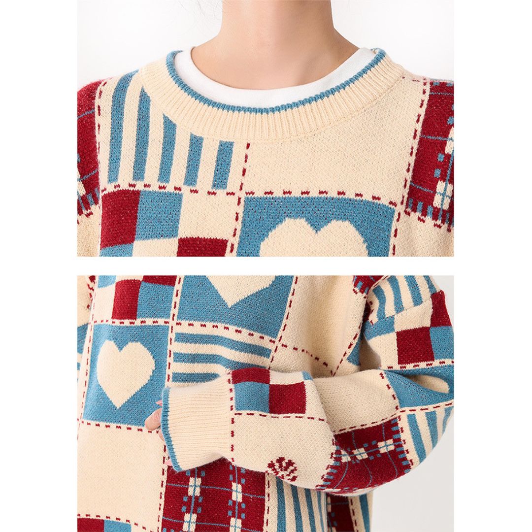 Round Neck Plaid Heart Sweater