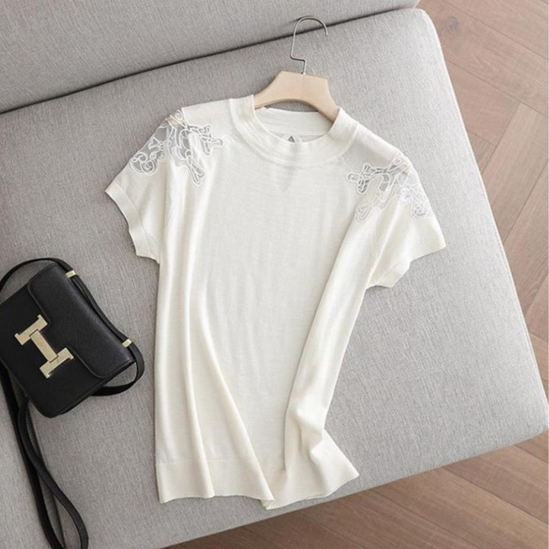 Embroidered Mesh Short Sleeve Top