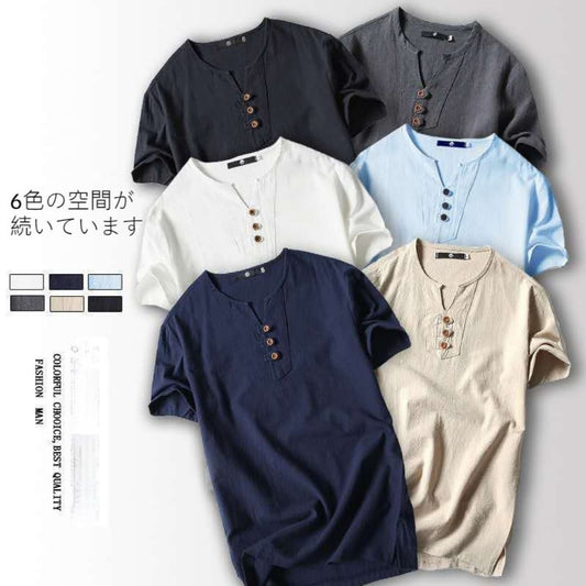 日系棉麻V領短袖T-Shirt