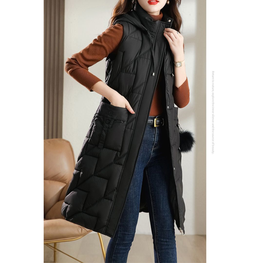 Mid-length Stand Collar Hooded Sleeveless Cotton Jacket