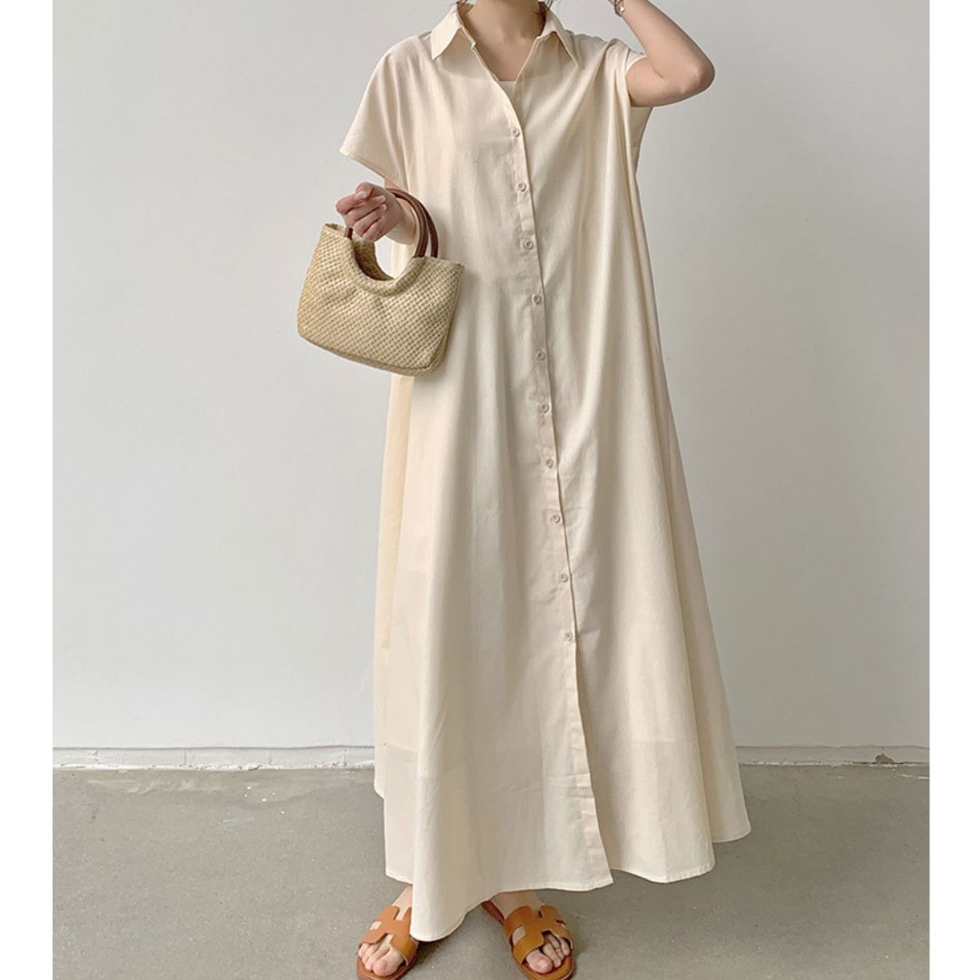 日系棉麻寬鬆短袖連衣裙