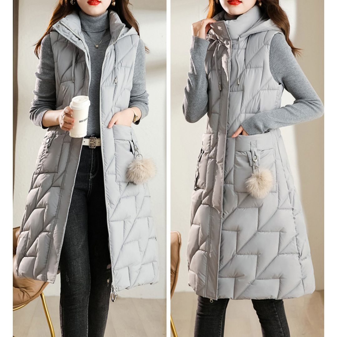 Mid-length Stand Collar Hooded Sleeveless Cotton Jacket
