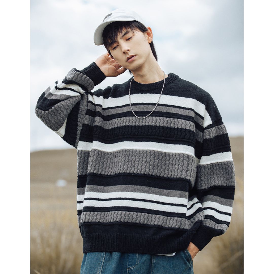 Round Neck Striped Loose Knit Sweater