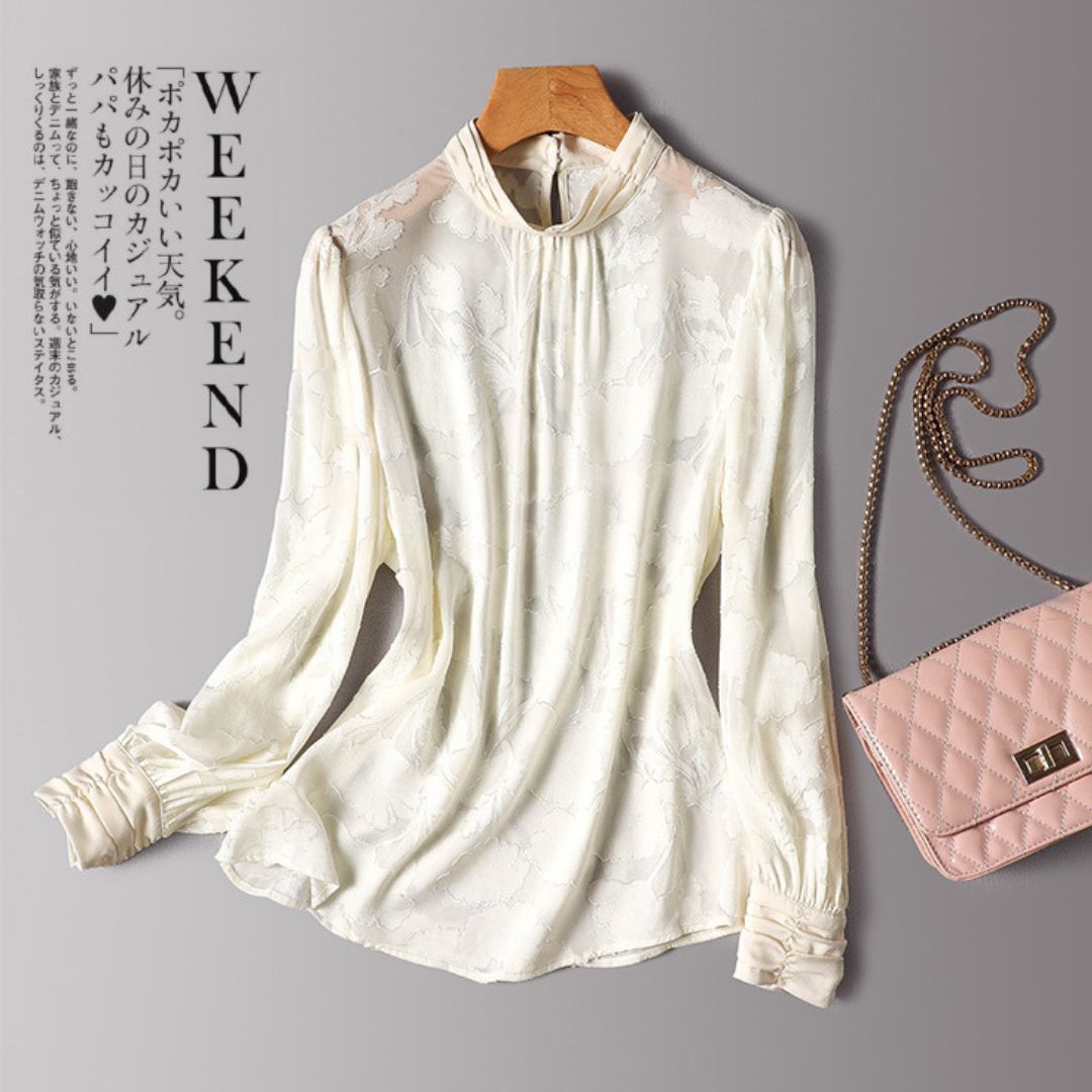 Faux Silk Stand Collar Long Sleeve Top