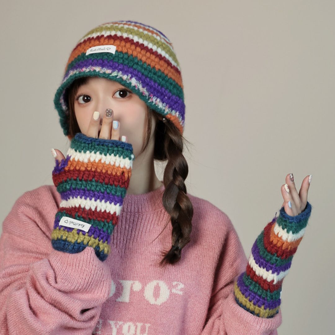 Knitted Rainbow Hat Gloves Small Bag (2 pieces up)