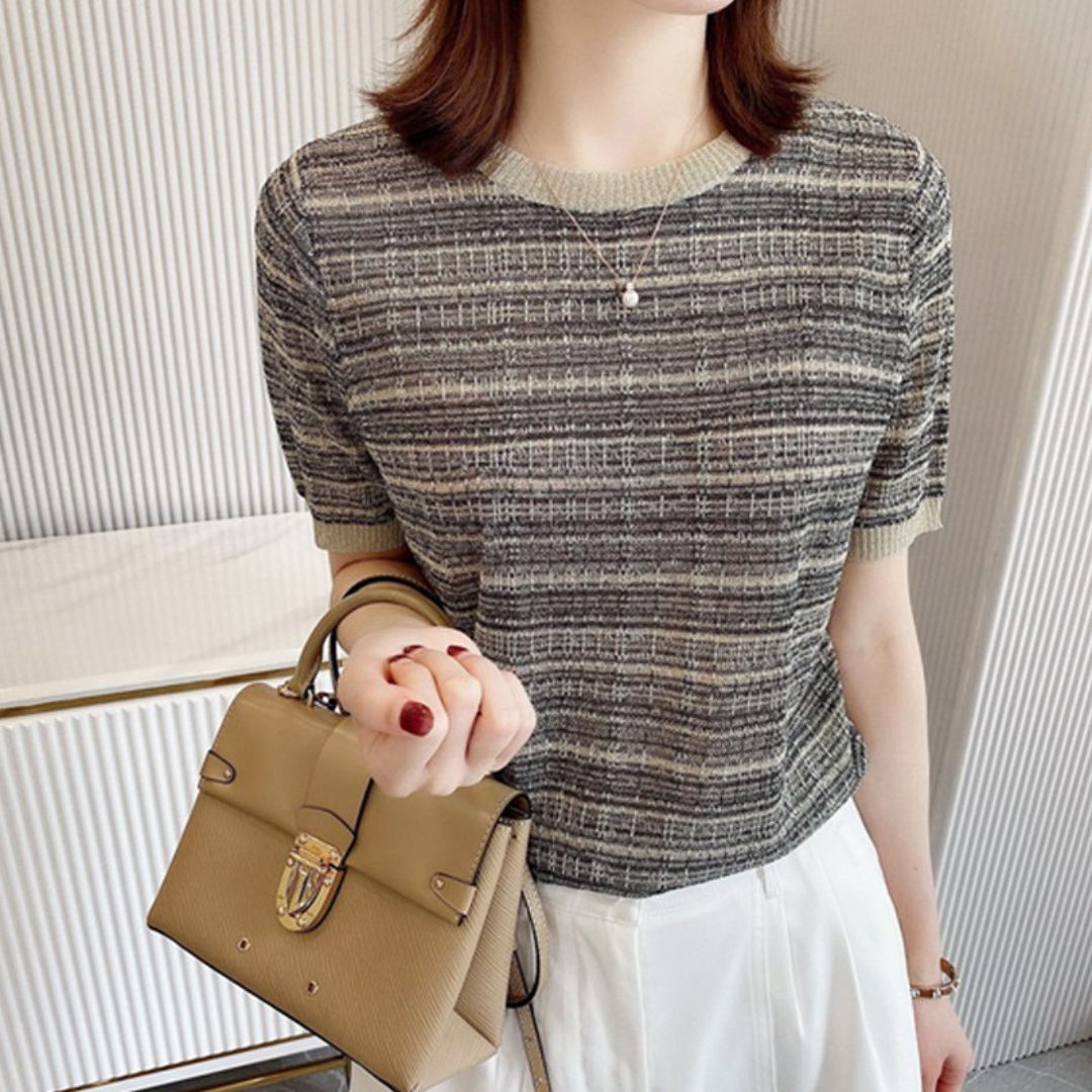 Round Neck Plaid Short Sleeve Knitted Top