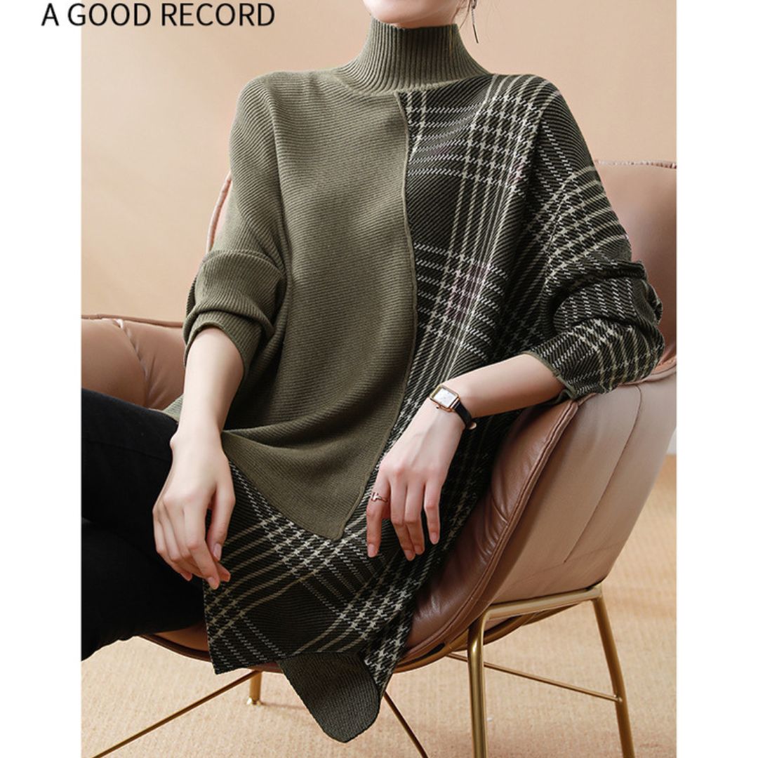 Turtleneck Irregular Checkered Sweater