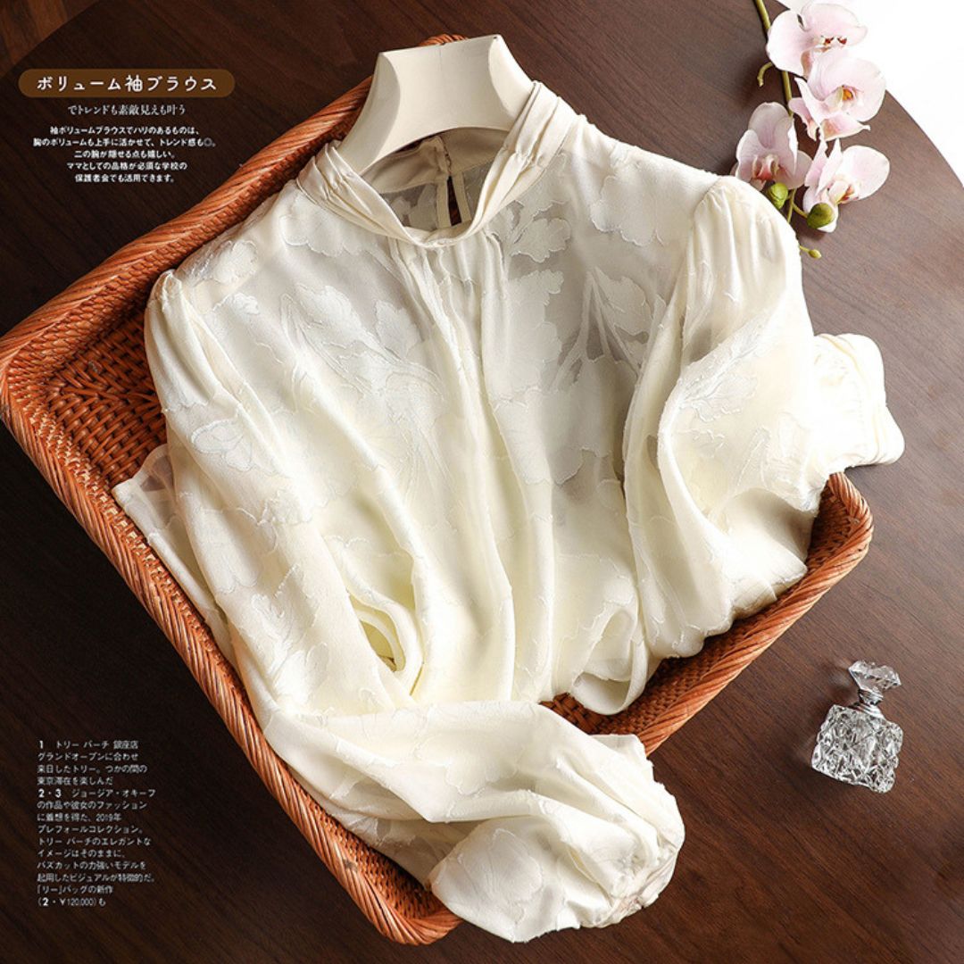 Faux Silk Stand Collar Long Sleeve Top