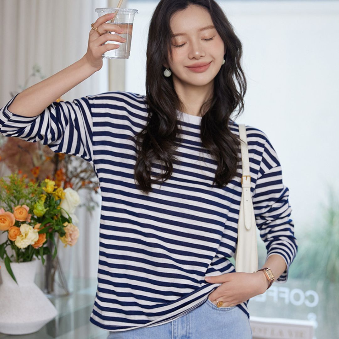 Cotton Round Neck Striped Long Sleeve Top