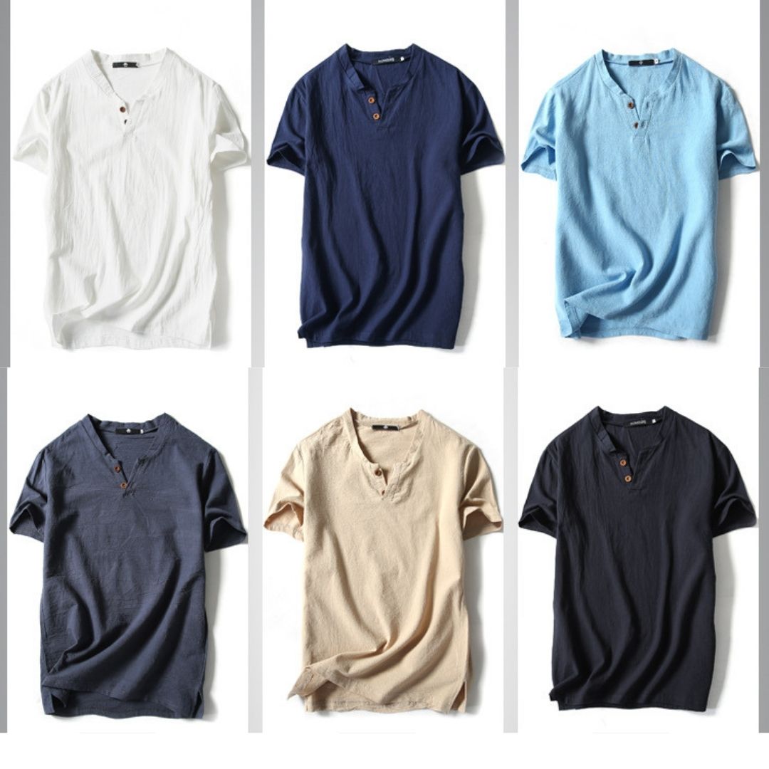 Cotton Linen V Neck Short Sleeve T-Shirt