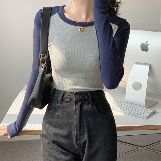 Color Block Round Neck Long Sleeve Top