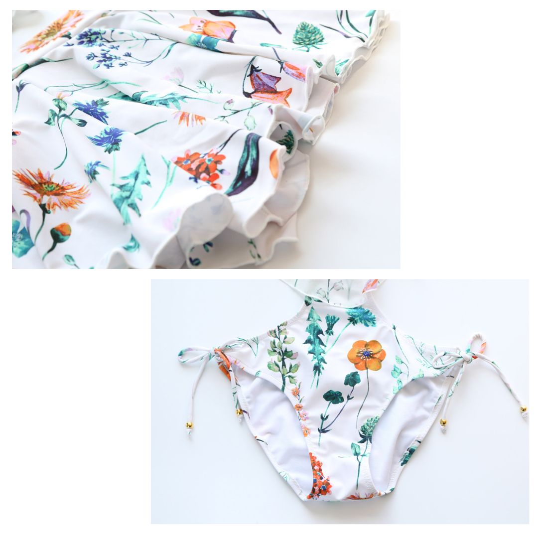 Flower Patterned One-piece Swimsuit 2-piece Set